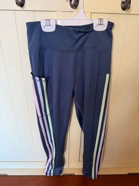 adidas Navy Leggings with Pink & Light Green Side Stripes